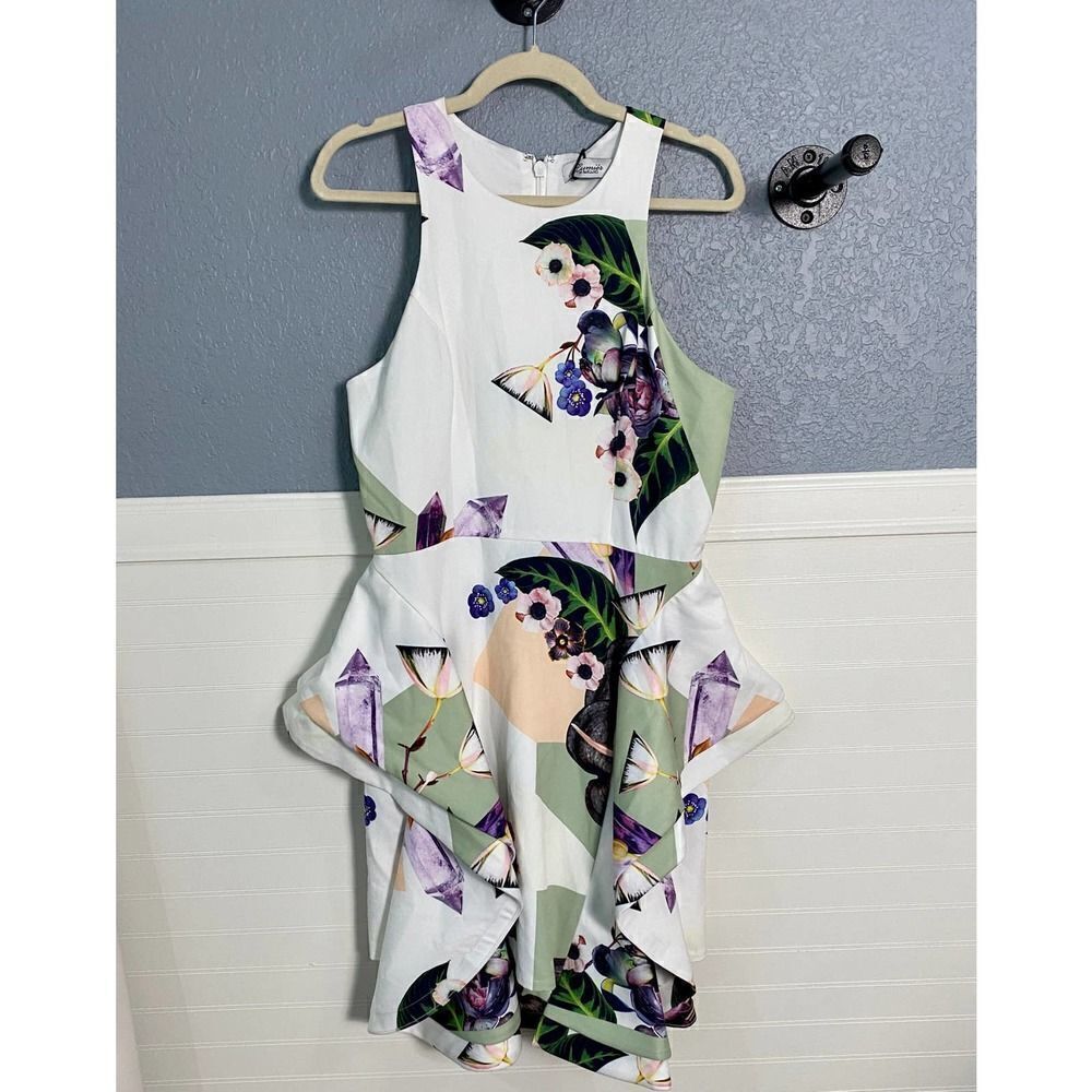 Bariano White Abstract Sleeveless Ruffle Cocktail Dress
